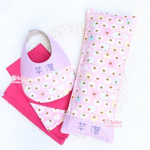 GS116 紫色波點可愛棉羊繡名口水肩及安寧米袋攬枕套裝連禮物袋 Purple Polka Dot Cute Sheep Cotton  Baby Gift Set (Bib, Traditional Rice Bag, Rice Bag Pillow and Gift Bag)