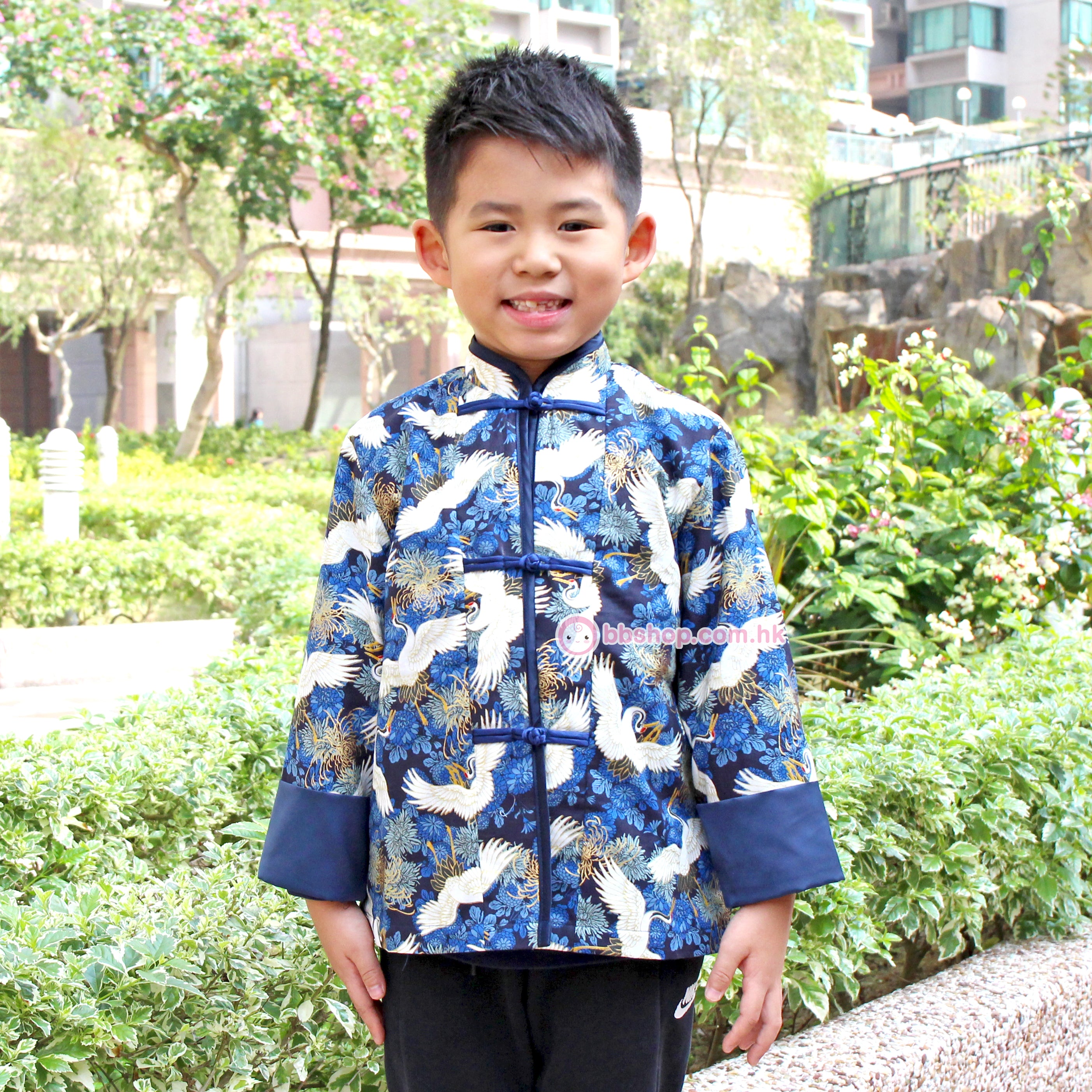 HMC230 燙金藍色日本仙鶴男童中國服（藍色包邊）