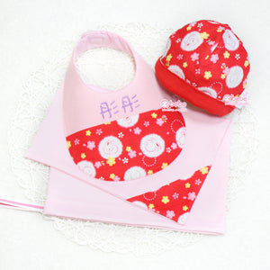 GS101 紅色小兔繡名口水肩及嬰兒帽套裝連禮物袋 Handmade Red Rabbits New-born Baby Gift Set (Bib, Hat and Gift Bag)