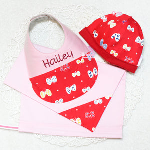GS670 Gift Set - 紅色蝴蝶繡名口水肩、帽仔及裙仔禮物套裝 Butterfly Personalized Baby Bib Set (Hat, Dress, Personalized Baby Bib with Handmade Gift Bag)