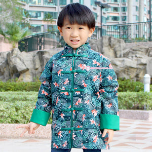 HMC257 日本暗紋布料綠色金魚男童中國服（斷碼現貨）