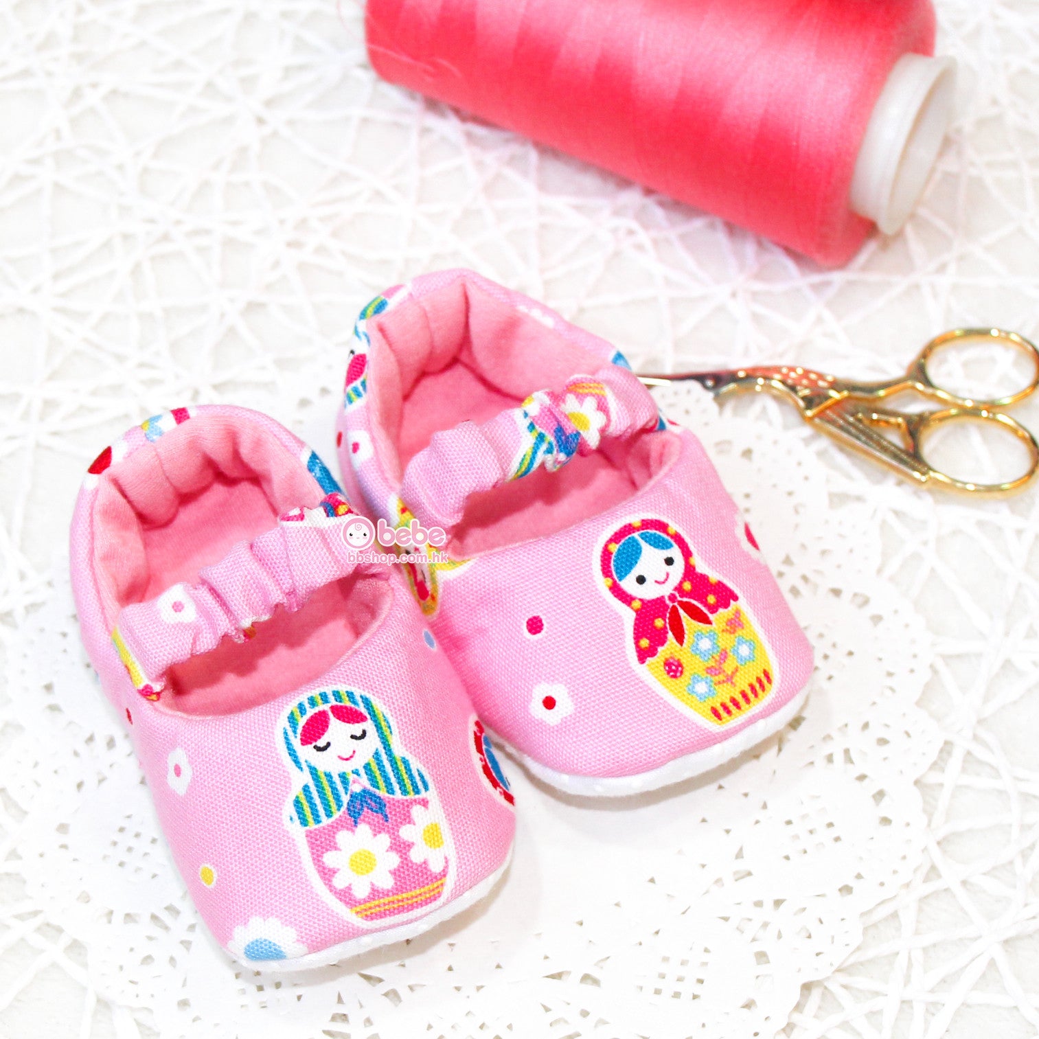 HMS195 Pink Russian Doll Fabric Baby Shoes  (3-8 months)