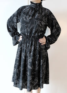 HMW238 Elegant Floral Print High Neck Ruffle Dress (Black)