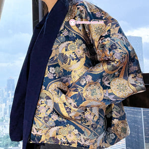 HMC109  深藍金線仙鶴女裝高級和風服（日本西陣織面布、意大利Cashmere領巾）
